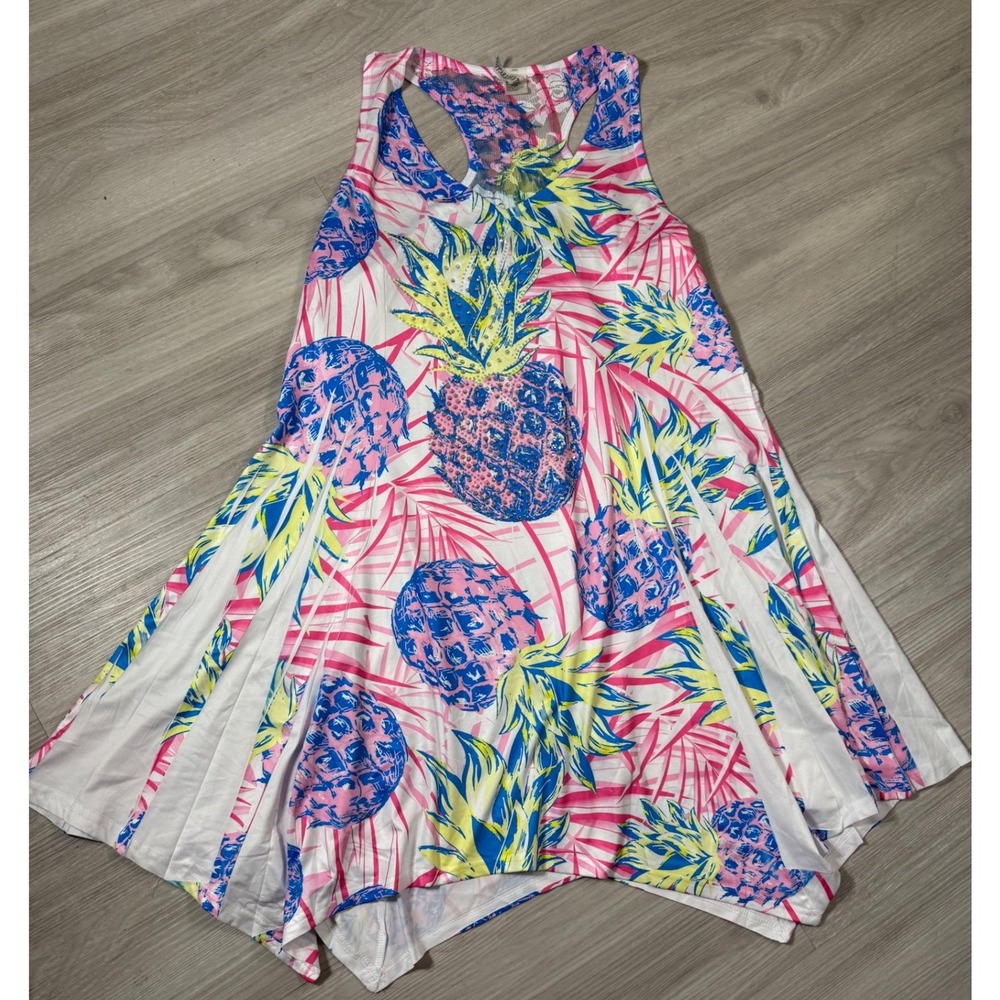 MT Collection Tropical Pineapple Sharkbite Tunic Top Pink Blue Yellow OS